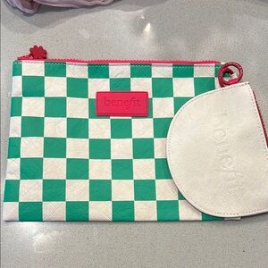 Green and Pink Checkered Benefit Cosmetics Makeup Bag and extra half circle bag